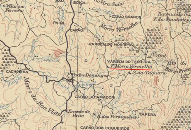 Fazenda do Morro Vermelho em mapa de 1950